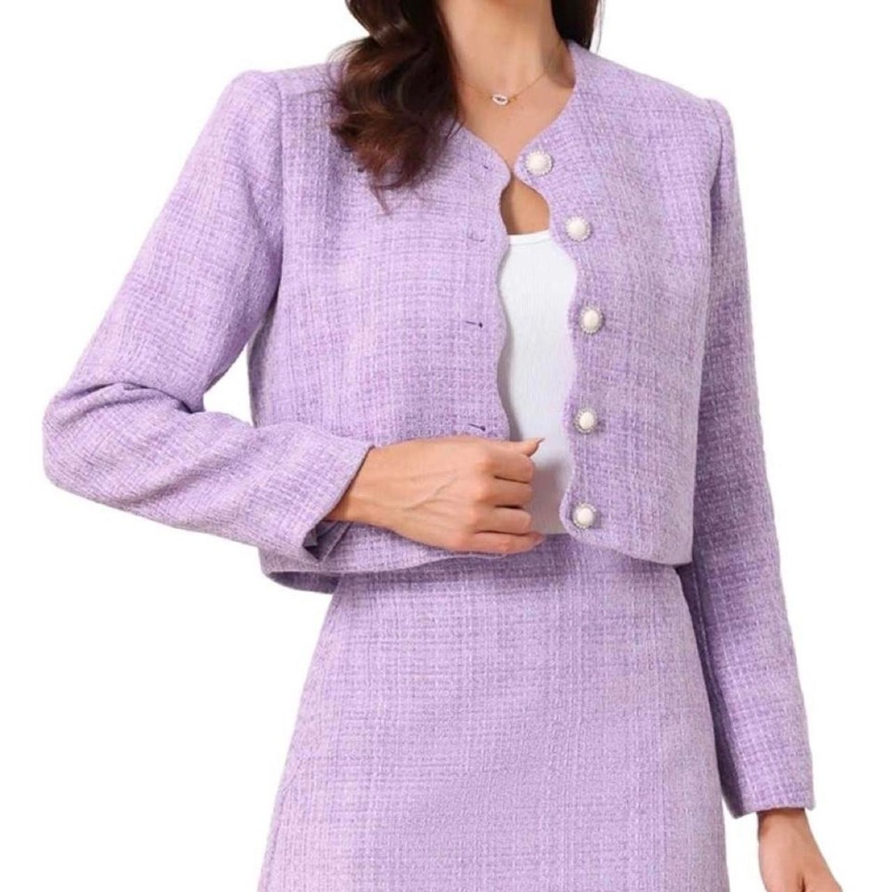Allegra K Womens Lilac Tweed Blazer Skirt Suit Set Small 2 Piece Purple